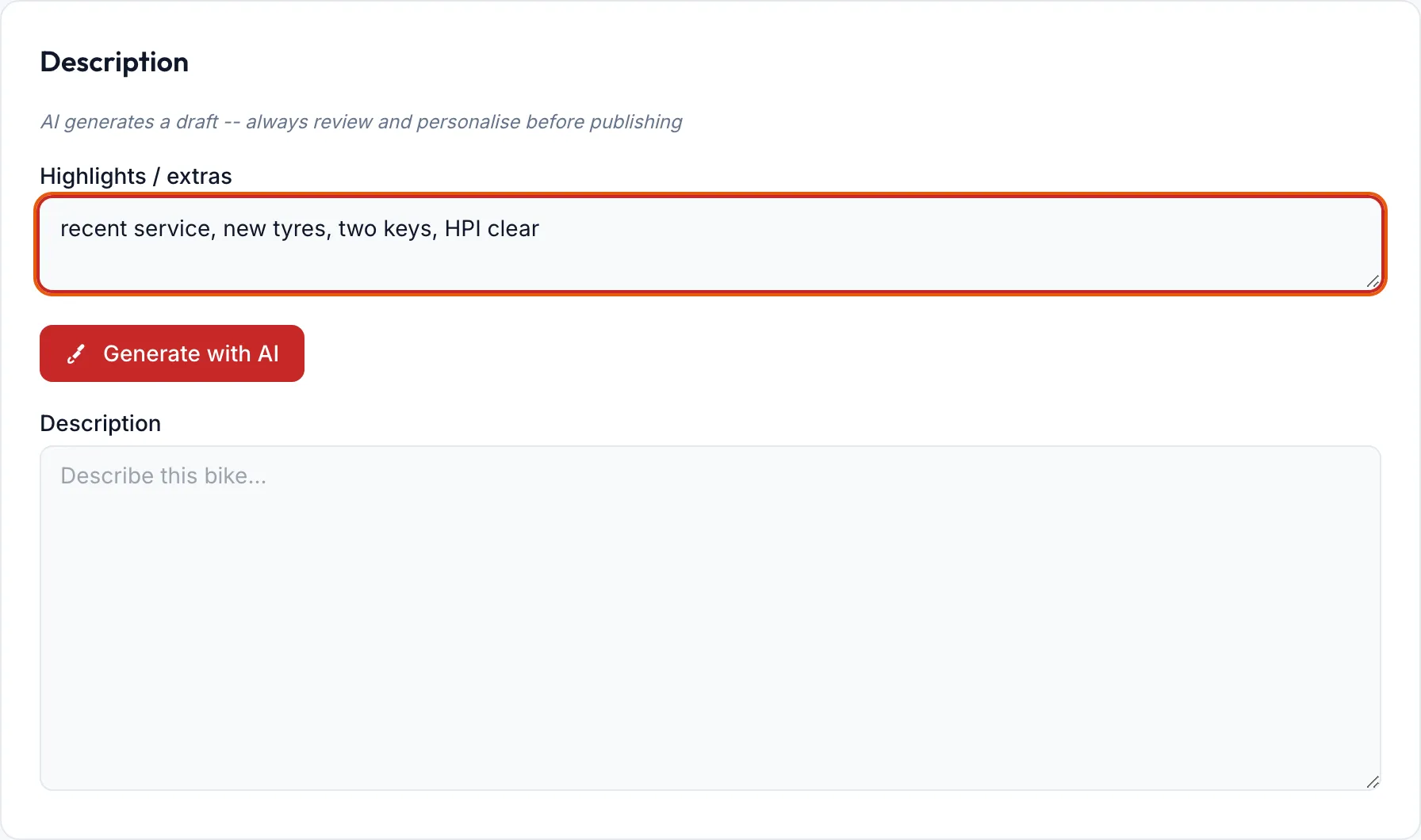 LozMoto admin: the Generate with AI button with a one-line highlights field, before generation