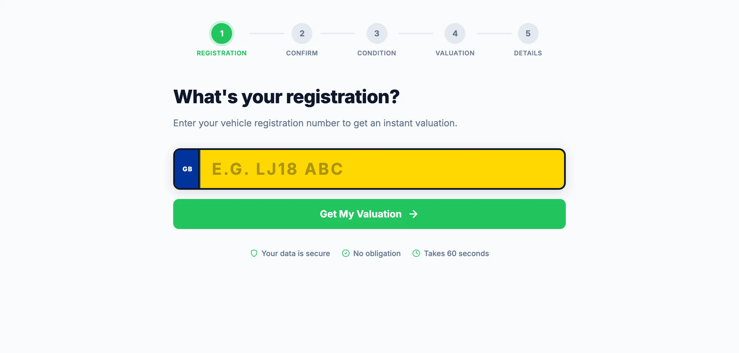 Valuation form, step one: what's your registration? A GB number plate field and a Get My Valuation button