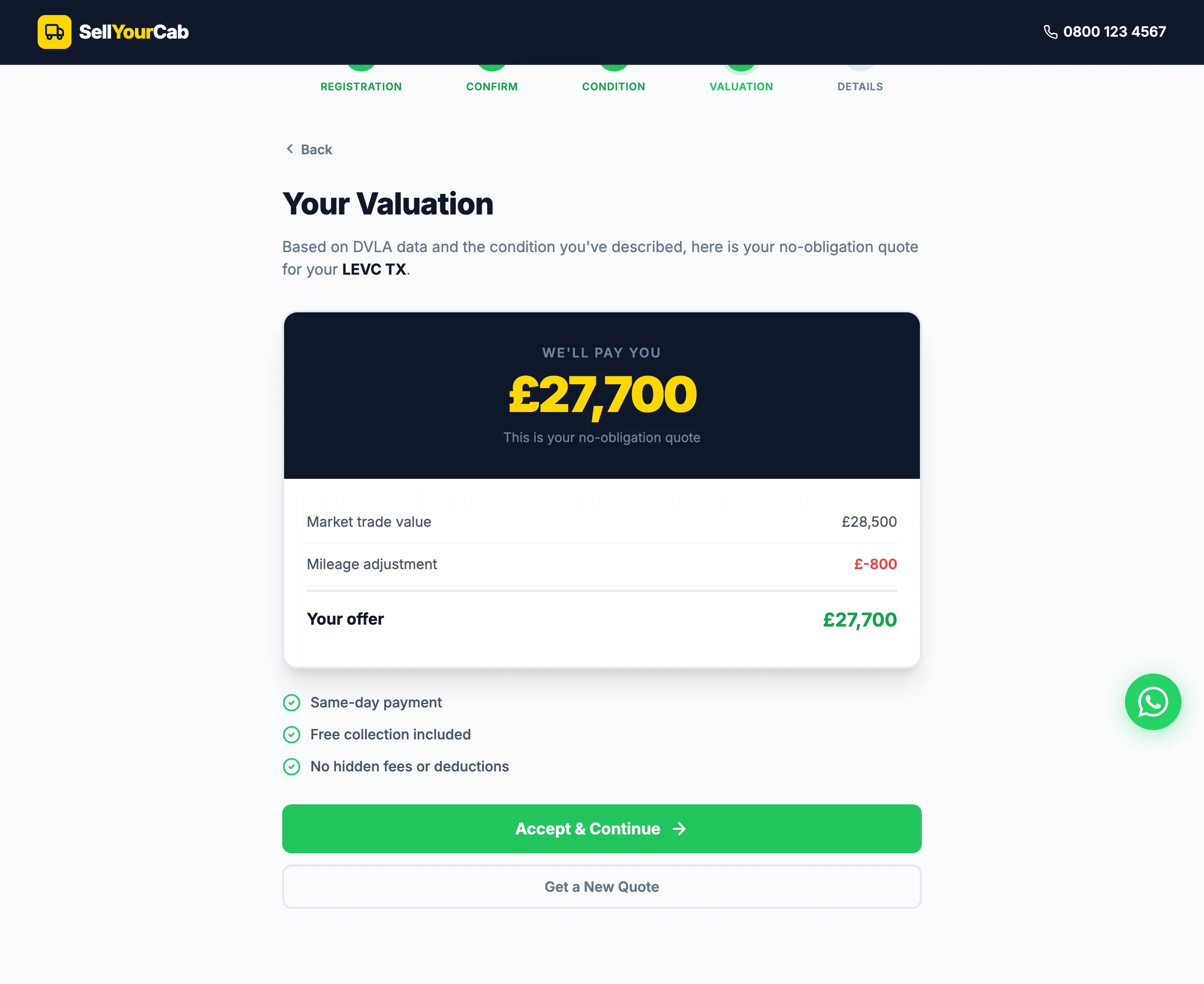 Valuation offer screen: we'll pay you £27,700, computed from DVLA data and the condition described