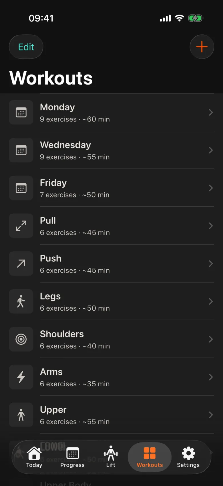 Lift2's workouts library: Monday, Wednesday and Friday plans alongside push, pull and legs templates