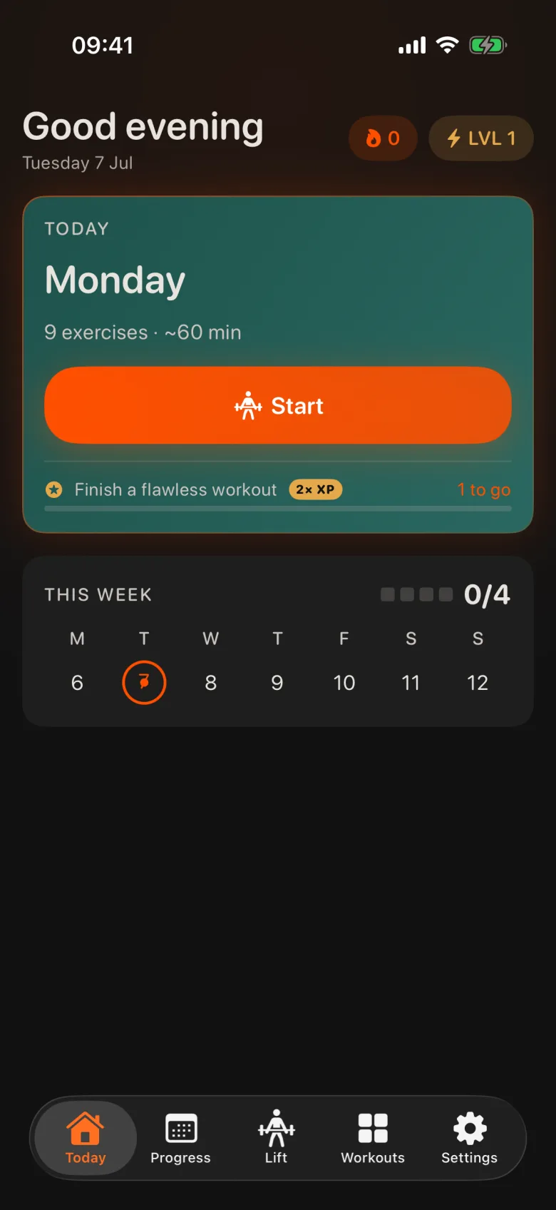 Lift2 today screen: Monday's nine exercises, start button, this week's progress