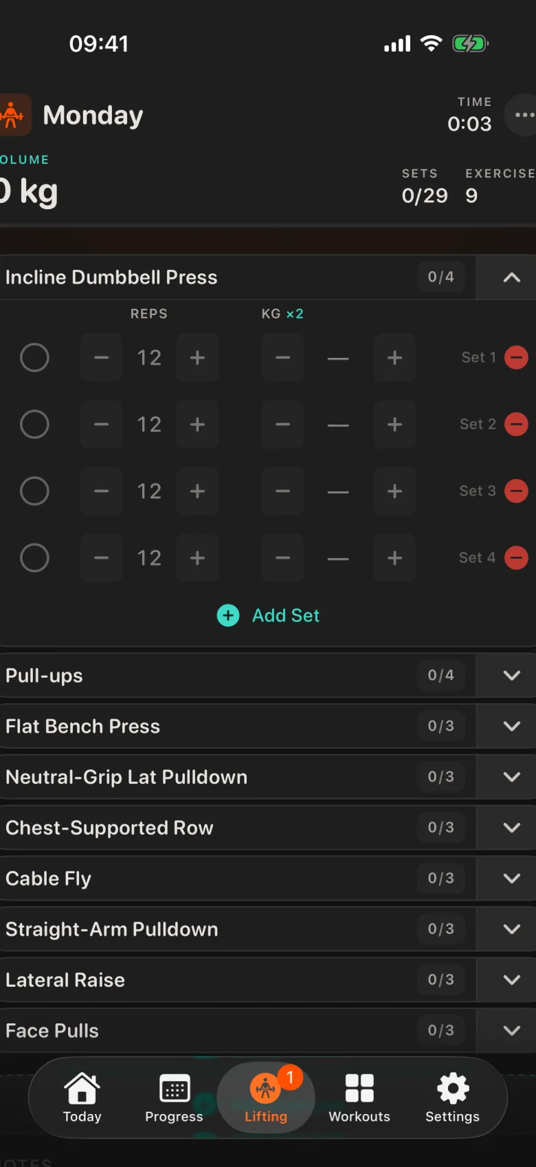 A live Lift2 session: incline dumbbell press tracked set by set, timer running